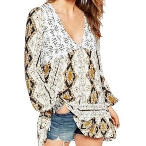Free People Down By The Bay Boho V Neck Longsleeve Ruffle Tunic Ivory Small